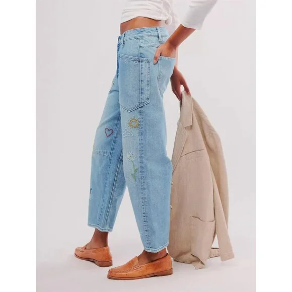 Women's Embroidered Denim Barrel Jeans Wide Leg Low Rise Stretchy Pants - Picture 3 of 4